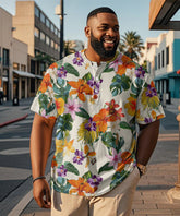 Men's Plus Size Hawaiian Orange Vintage Floral Print Henry Collar Button Short Sleeve Tee
